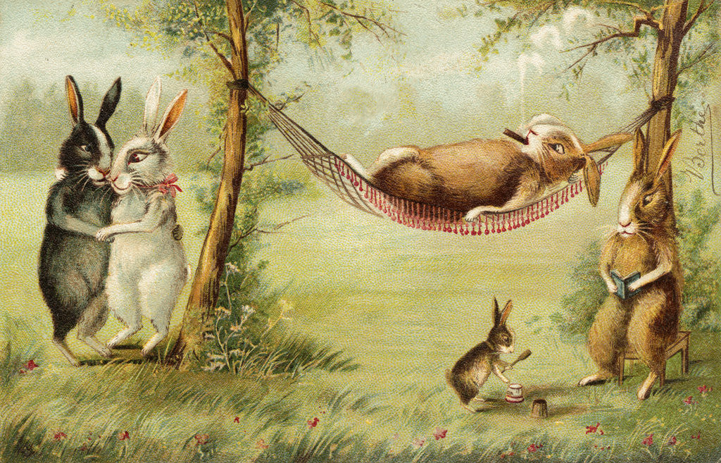 Detail of Postcard of Relaxing Rabbits by Anonymous