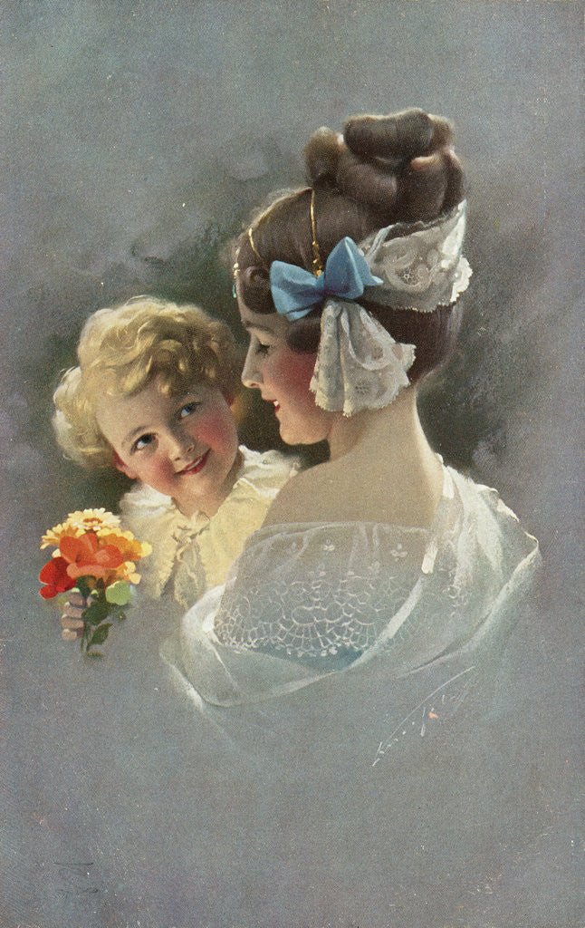 Detail of Postcard of Mother Holding Daughter by Corbis