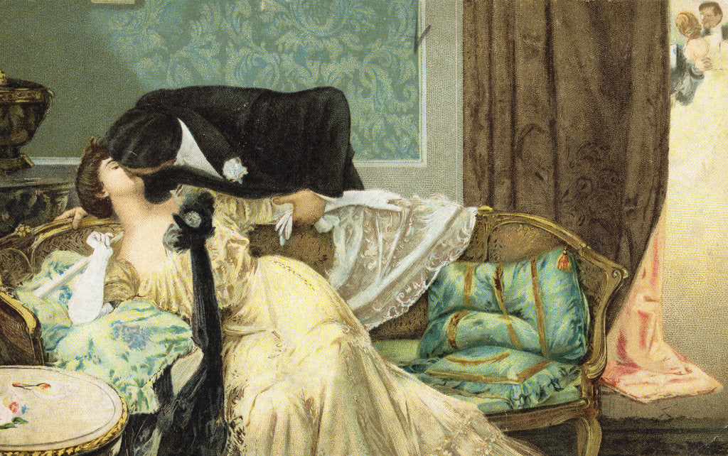 Detail of Postcard of Lovers Kissing on a Couch by Corbis
