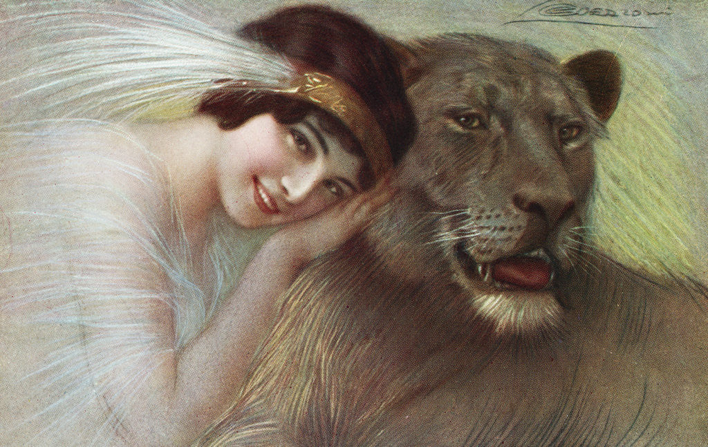 Detail of Postcard of Woman and Lioness by Anonymous