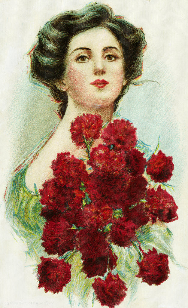 Detail of Postcard of Woman with Red Carnations by Anonymous