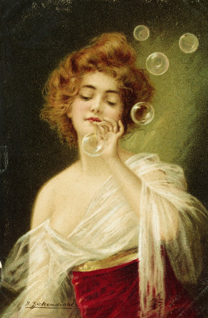 Detail of Postcard of Woman Blowing Bubbles by B. Zickendraht