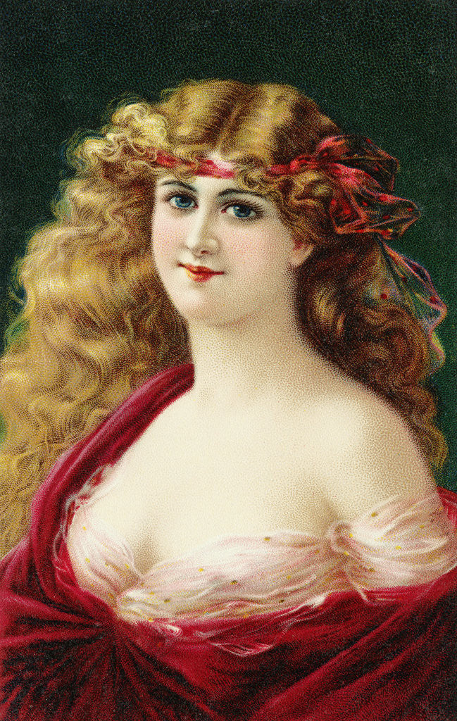 Detail of Postcard of Young Woman Wearing a Red Dress by Corbis