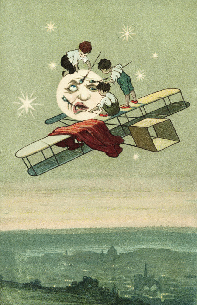 Detail of Postcard of Boys Dusting the Man on the Moon by Anonymous