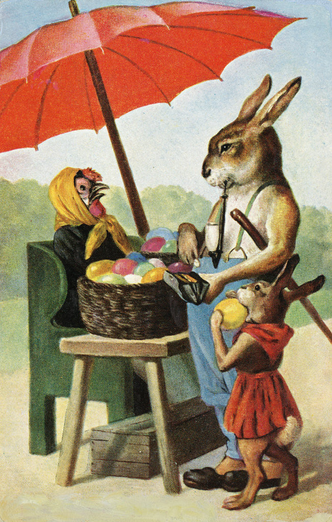 Detail of Postcard Showing Rabbits Buying Eggs from a Hen by Corbis