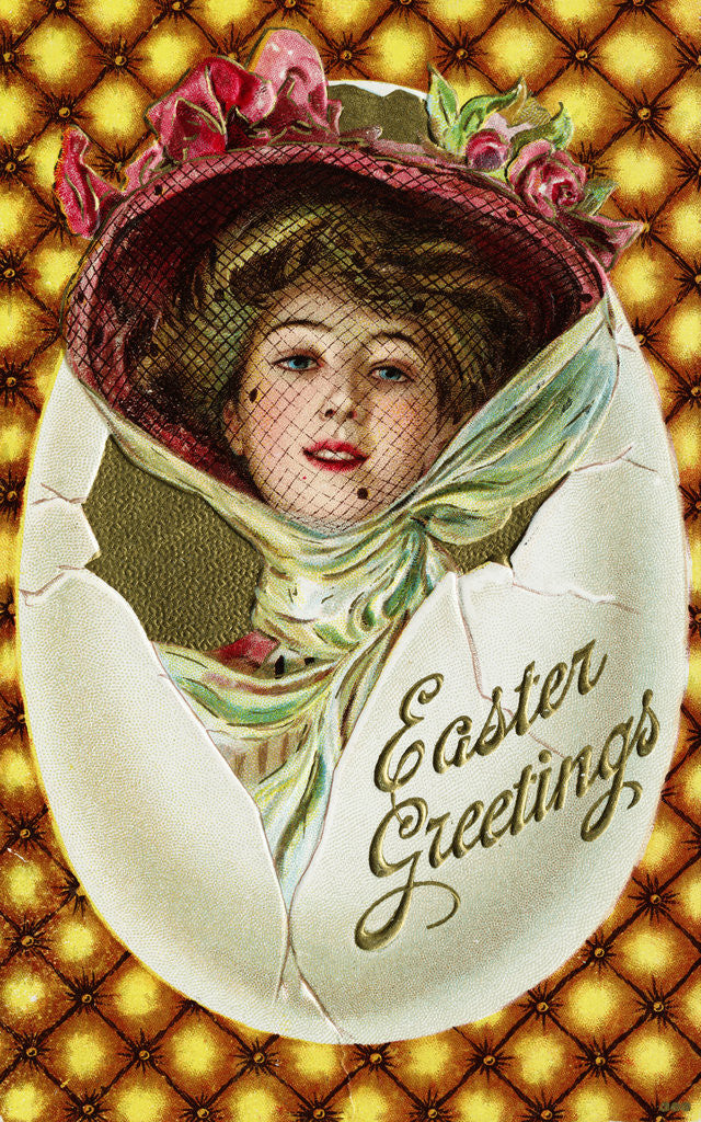 Detail of Easter Greetings Postcard of a Woman with a Pink Hat by Corbis