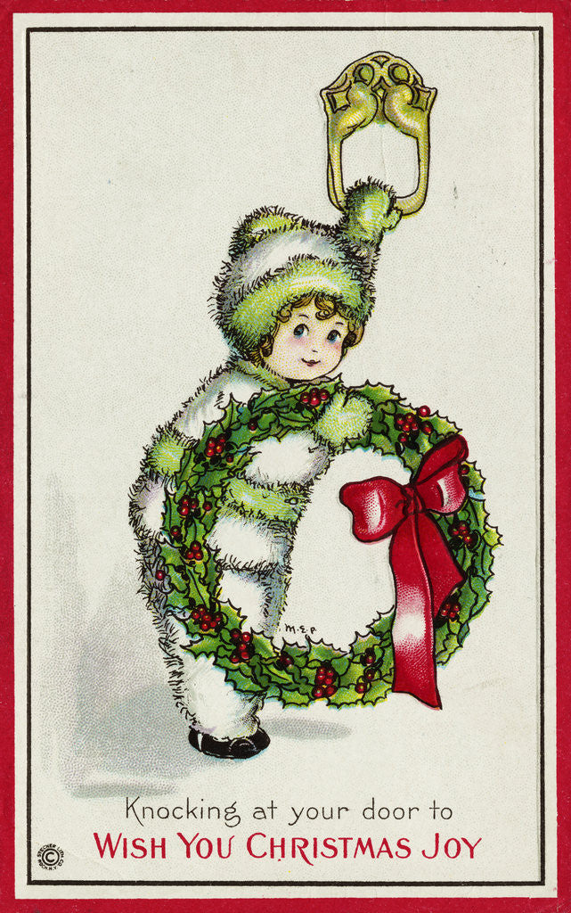 Detail of Knocking at Your Door to Wish You Christmas Joy Postcard by Pauli Ebner