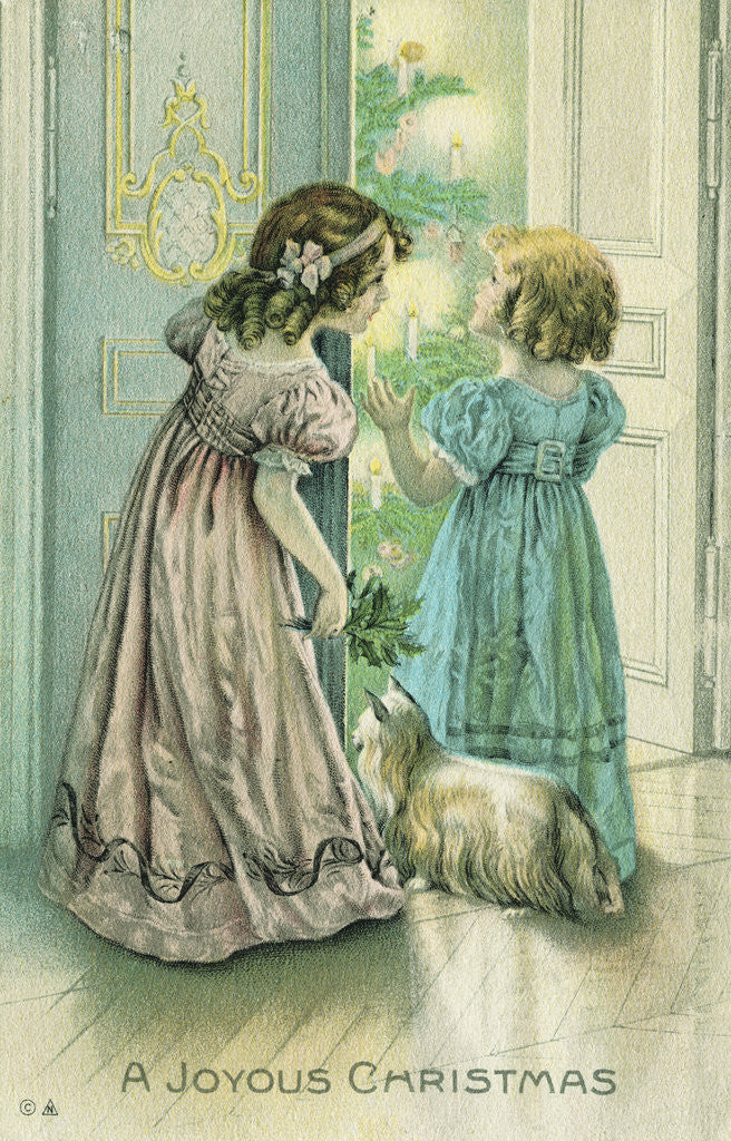 Detail of A Joyous Christmas Postcard with Little Girls Looking at the Christmas Tree by Corbis