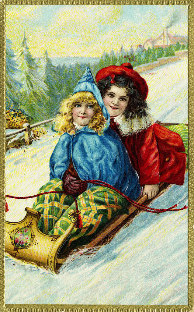 Detail of Postcard of Two Girls on a Toboggan by Corbis
