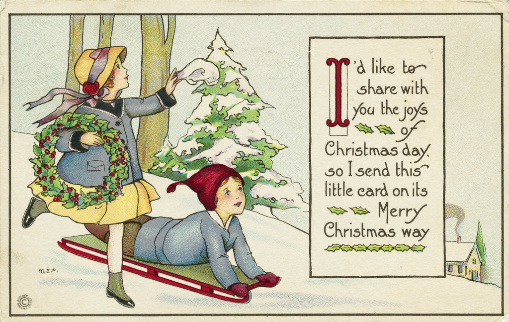 Detail of I'd Like to Share with You the Joys of Christmas Day, so I Send this Little Card on Its Merry Christmas Way Postcard by Anonymous