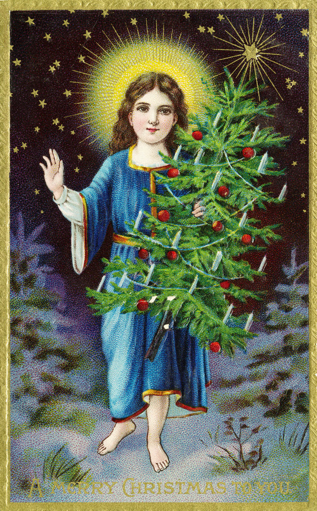 Detail of A Merry Christmas to You Postcard with an Angel Holding a Christmas Tree by Anonymous