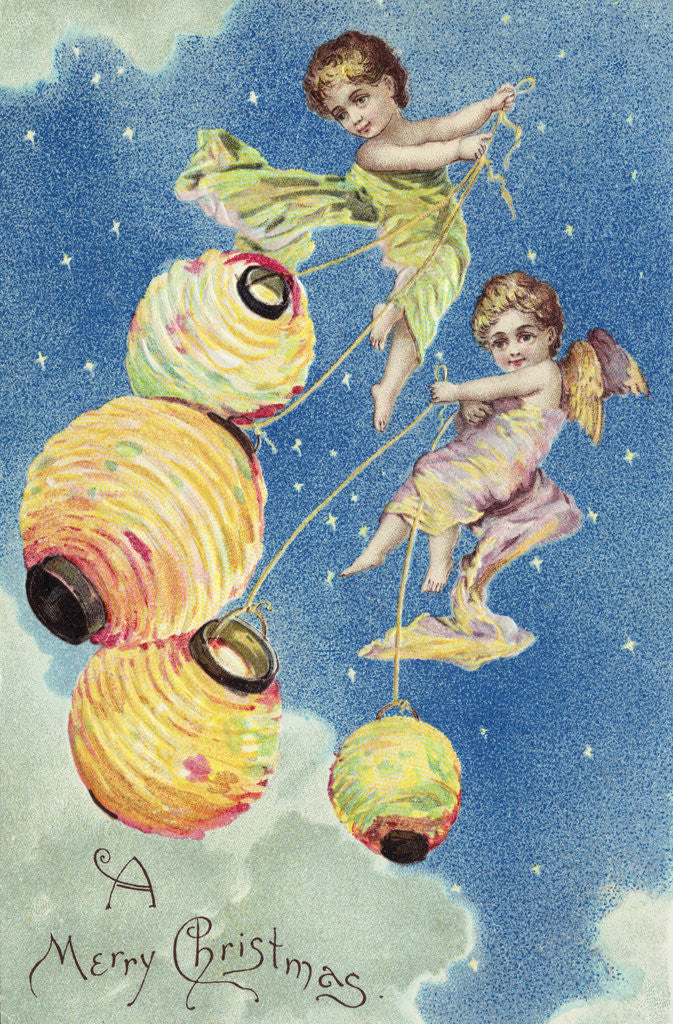 Detail of A Merry Christmas Postcard with Angels and Paper Lanterns by Anonymous