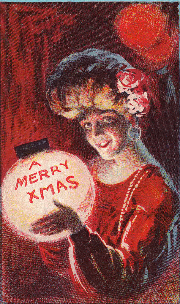 Detail of A Merry X Mas Postcard with a Woman Holding a Snowglobe by Anonymous
