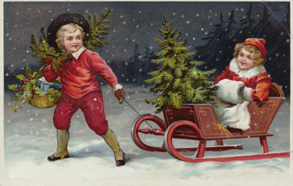 Detail of Postcard with Children and a Sleigh by Corbis