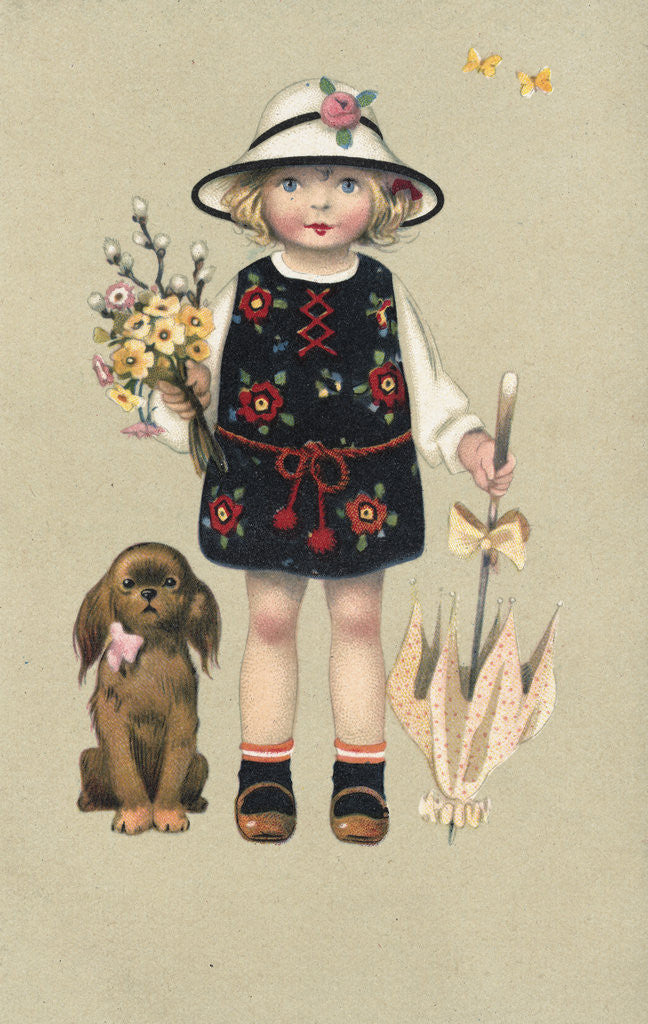 Detail of Postcard of a Young Girl and Her Dog by Anonymous