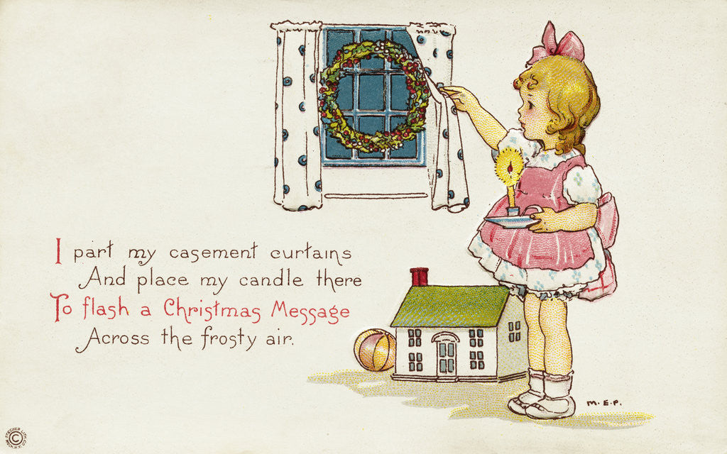 Detail of Christmas Postcard of Girl Looking Out of Window by Margaret Evans Price
