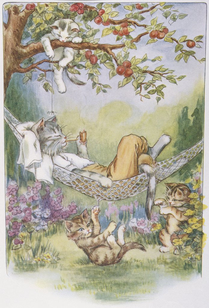 Detail of Illustration of Relaxing Cats from Pussy-Willow's Naughty Kittens by Lillian E. Young