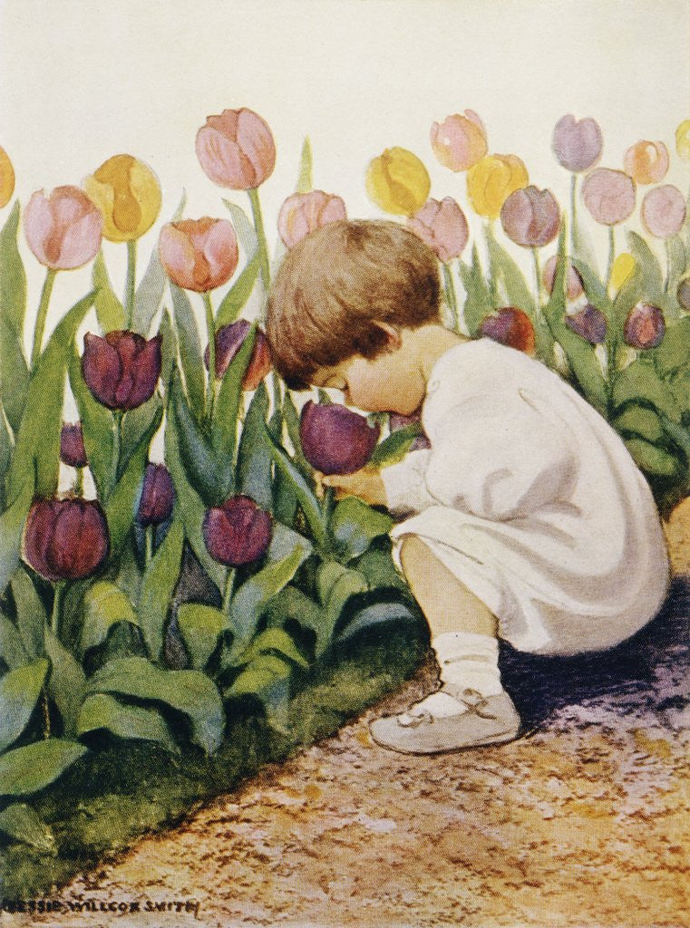 Detail of Illustration of a Child Smelling Tulips by Jessie Willcox Smith