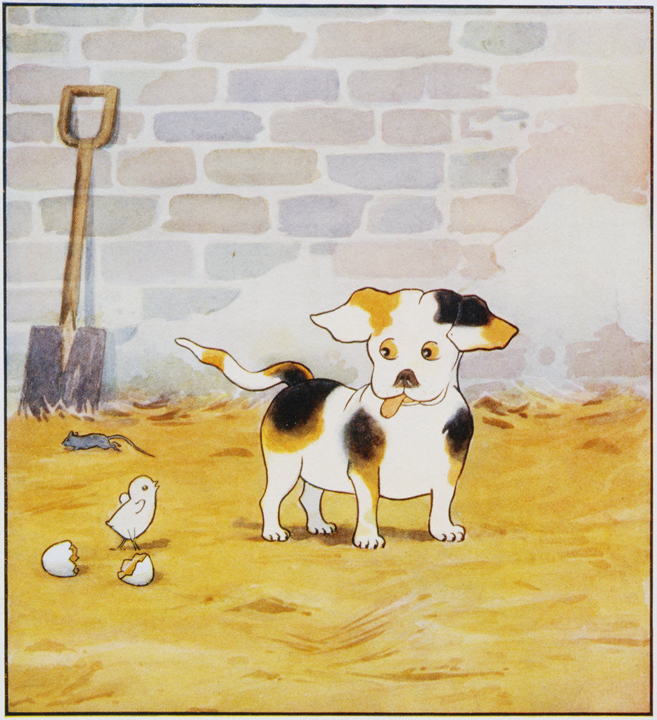 Detail of Illustration of a Puppy and a Chick from Watty: A White Puppy by Mrs. Ernest Ames