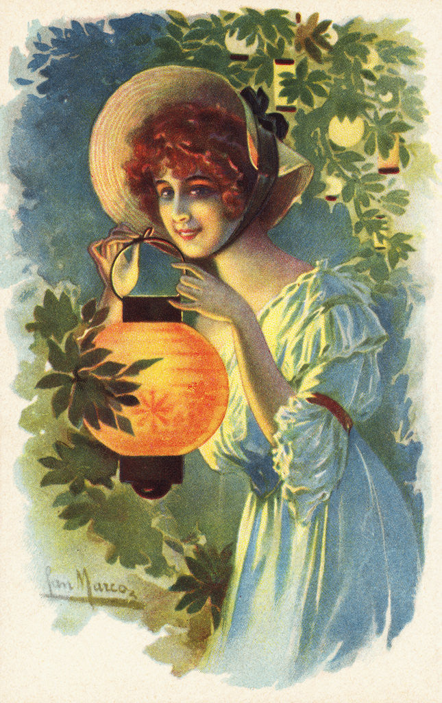 Detail of Postcard of a Woman with a Paper Lantern by Anonymous