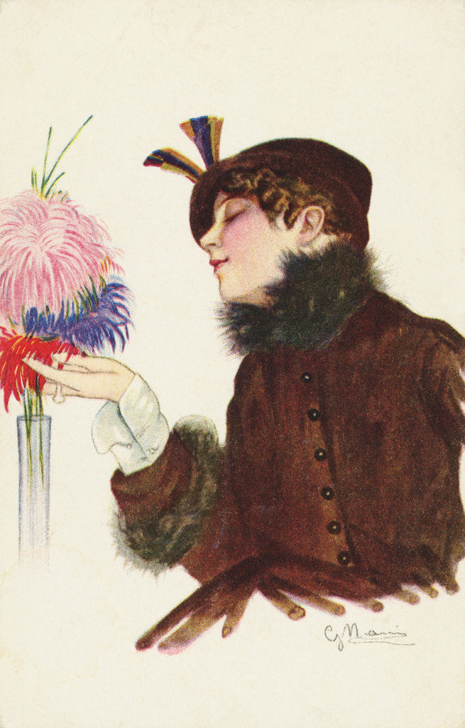 Detail of Postcard of a Woman Admiring Flowers by Anonymous