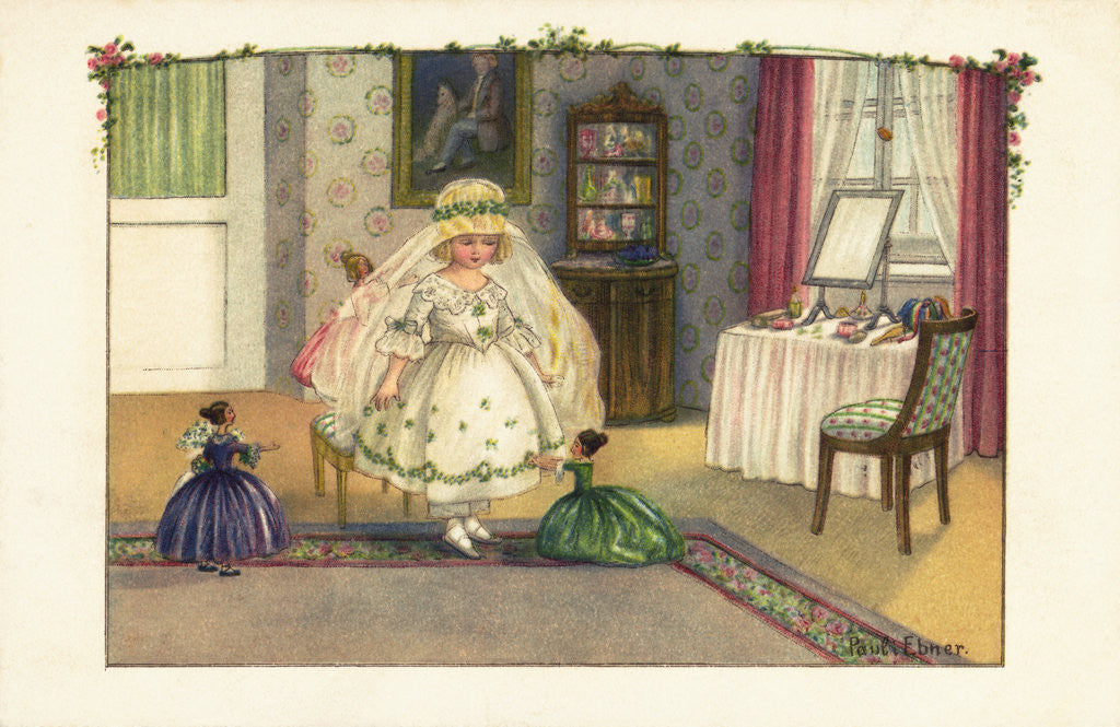 Detail of Postcard of a Little Girl Playing with Dolls by Pauli Ebner