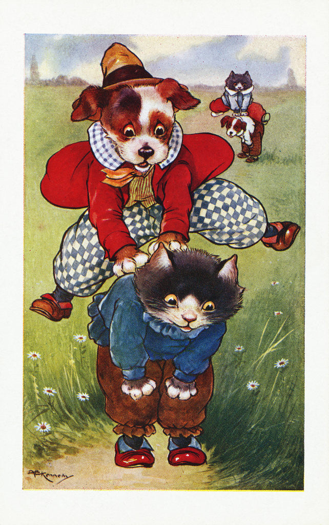 Detail of Postcard of a Puppy Playing Leapfrog with a Kitten by Corbis
