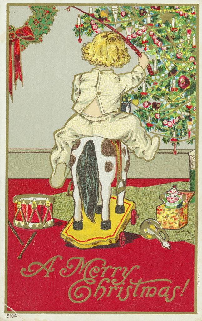 Detail of A Merry Christmas! Postcard of a Child on a Rocking Horse by Anonymous
