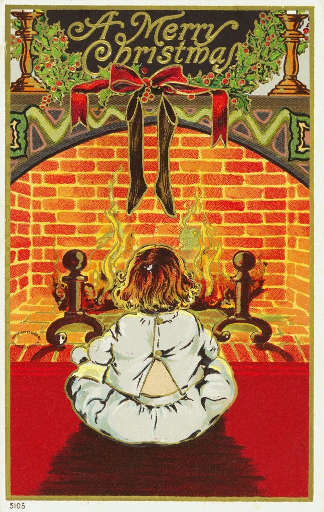 Detail of A Merry Christmas! Postcard of a Child Sitting in Front of a Fire by Anonymous