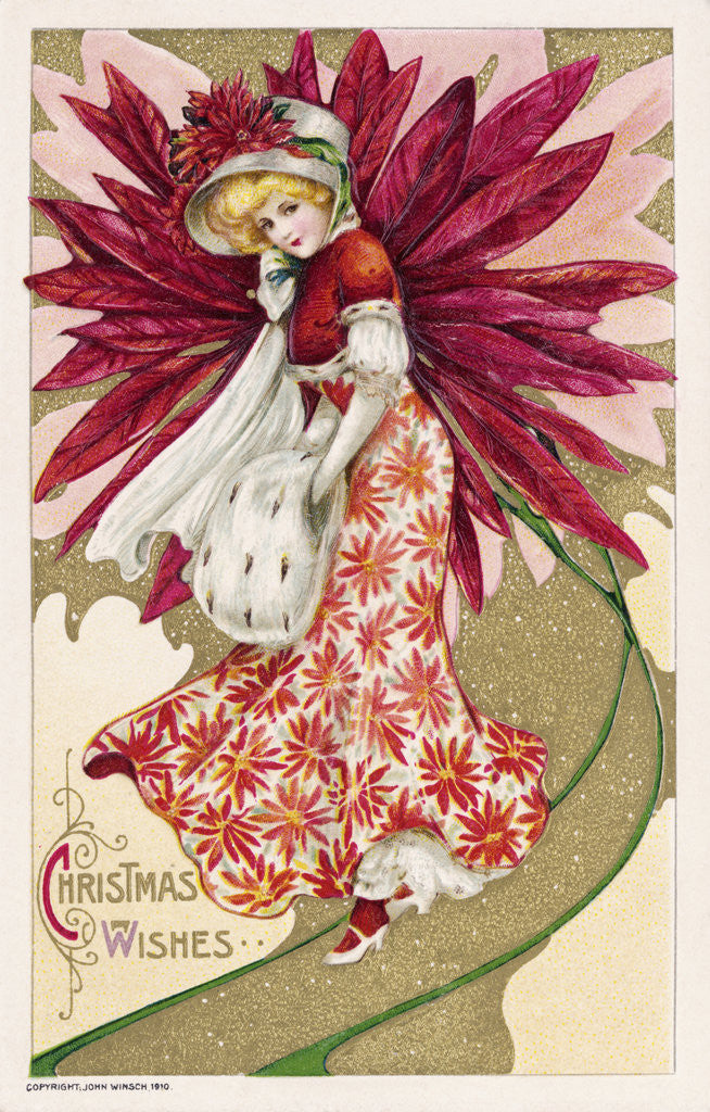 Detail of Christmas Wishes Postcard of a Woman and a Poinsettia by Anonymous