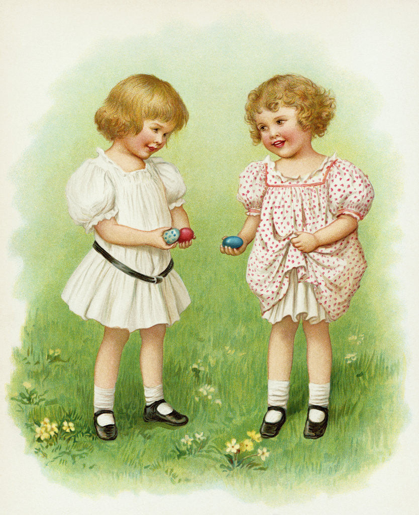 Detail of Illustration of Little Girls with Easter Eggs by Ida Waugh