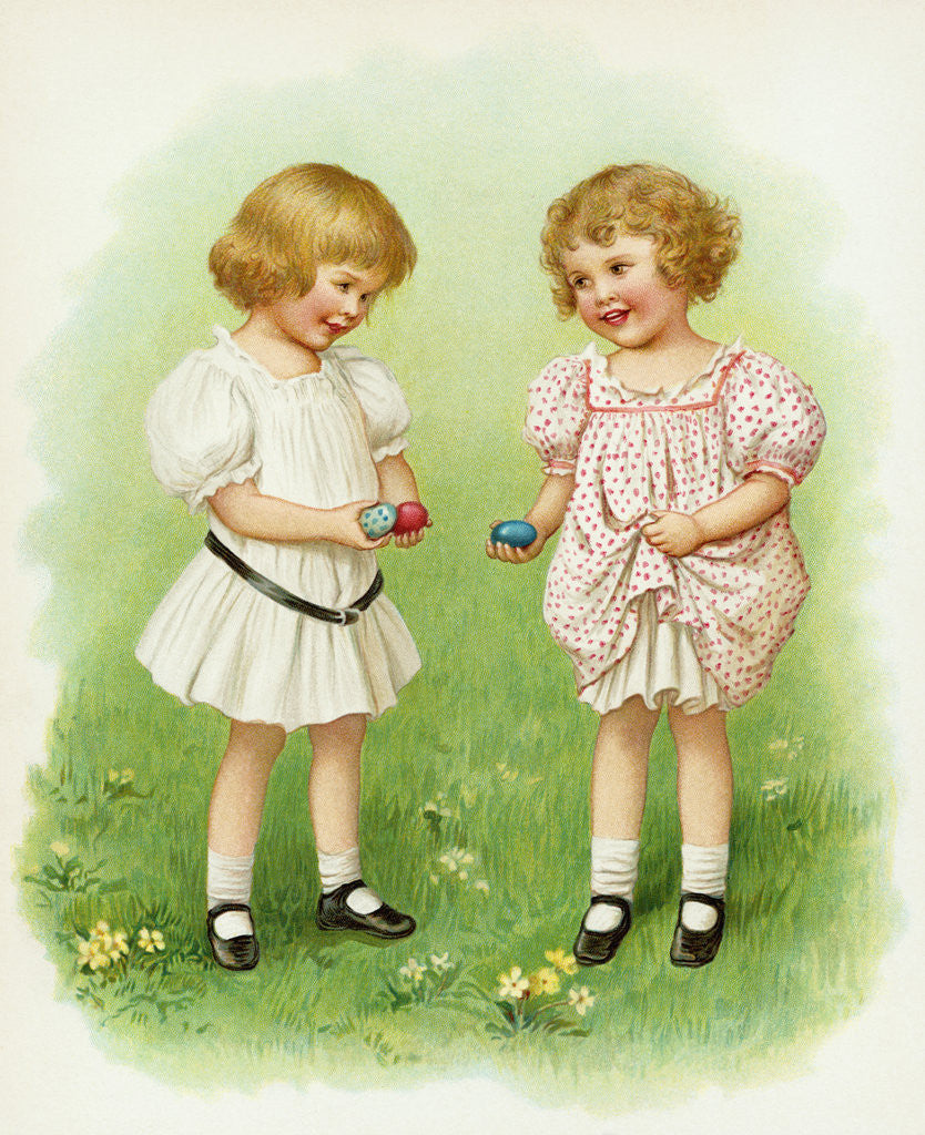 Detail of Illustration of Little Girls with Easter Eggs by Ida Waugh