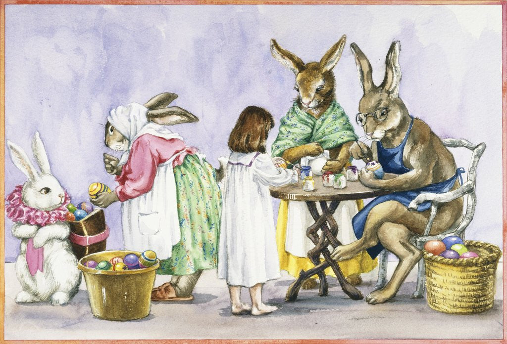 Detail of Illustration of a Girl Decorating Eggs with Giant Rabbit Family by Alexandra Day