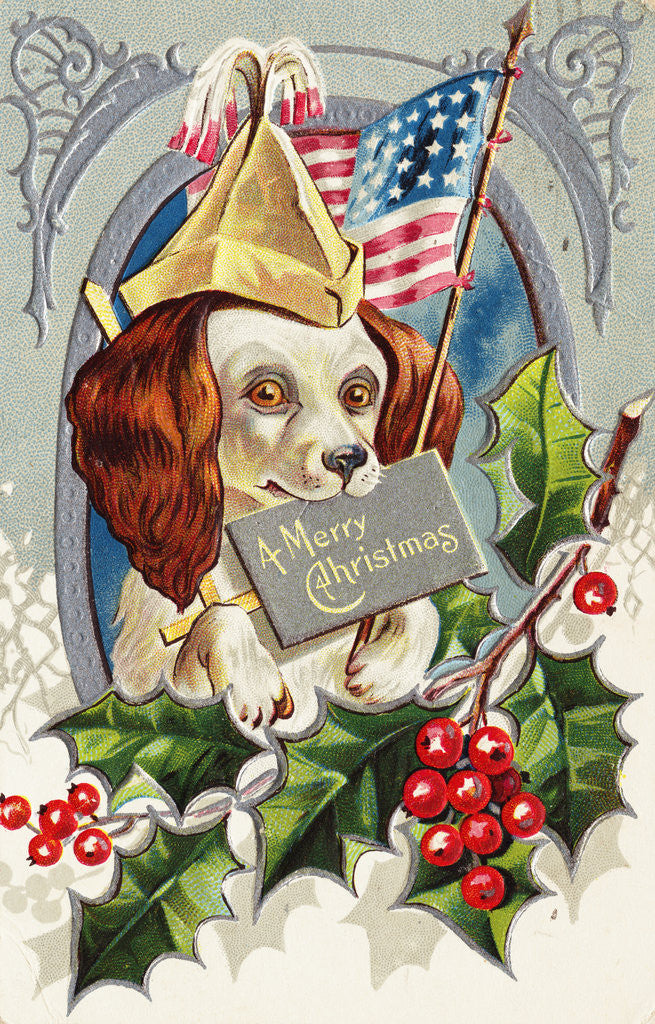 Detail of A Merry Christmas Postcard with a Patriotic Spaniel by Corbis