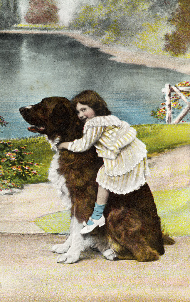 Detail of Color Print Postcard Showing Girl Hugging a Bernese Mountain Dog by Anonymous