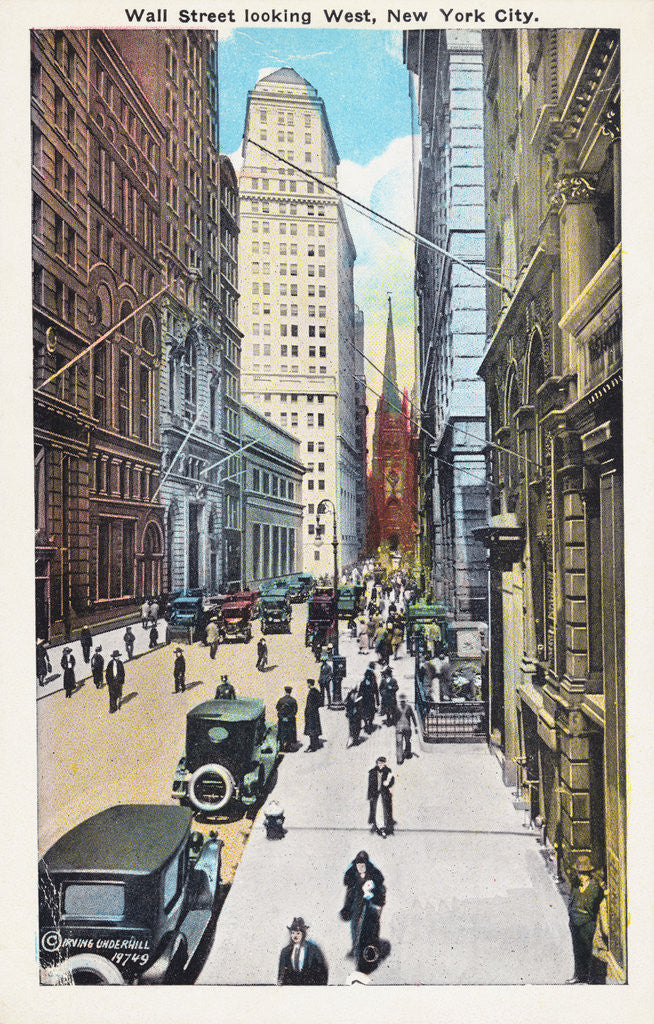 Detail of Wall Street Looking West, New York City Postcard by Irving Underhill