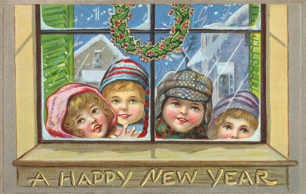 Detail of A Happy New Year Postcard of Children Peeking Through a Window by Anonymous