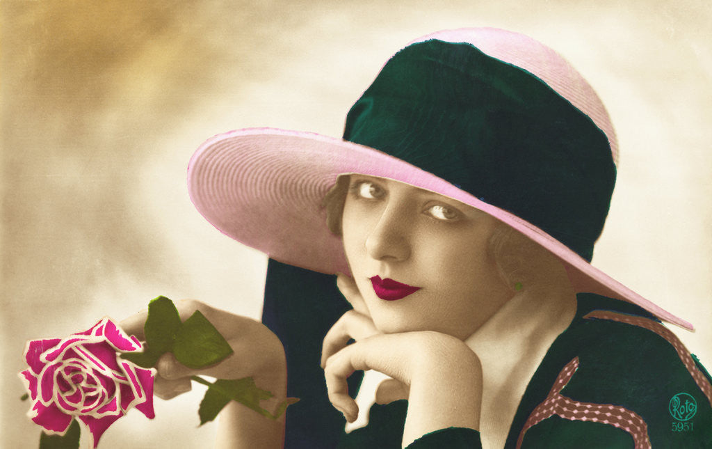 Detail of Postcard of a Flapper Holding a Rose by Anonymous