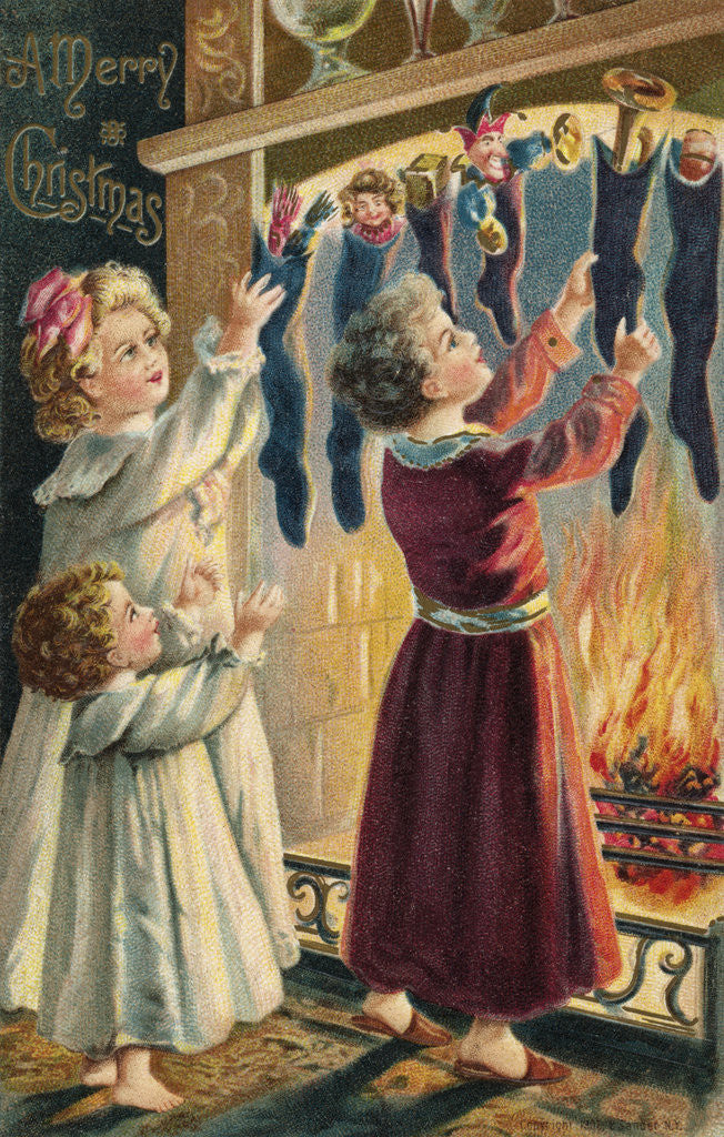 Detail of A Merry Christmas Postcard with Children and Christmas Stockings by Anonymous
