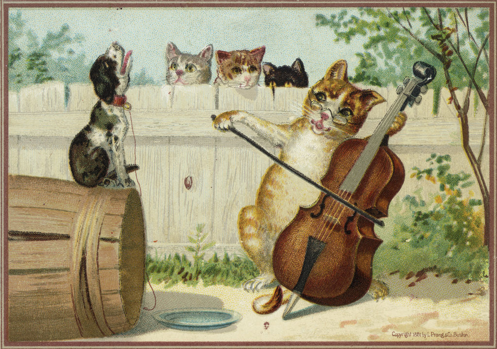 Detail of Trade Card of a Cat Playing a Cello with a Howling Dog by Corbis
