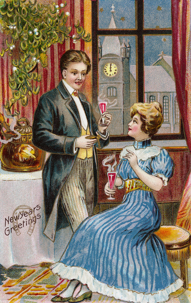 Detail of New Years Greetings Postcard with a Couple by Anonymous