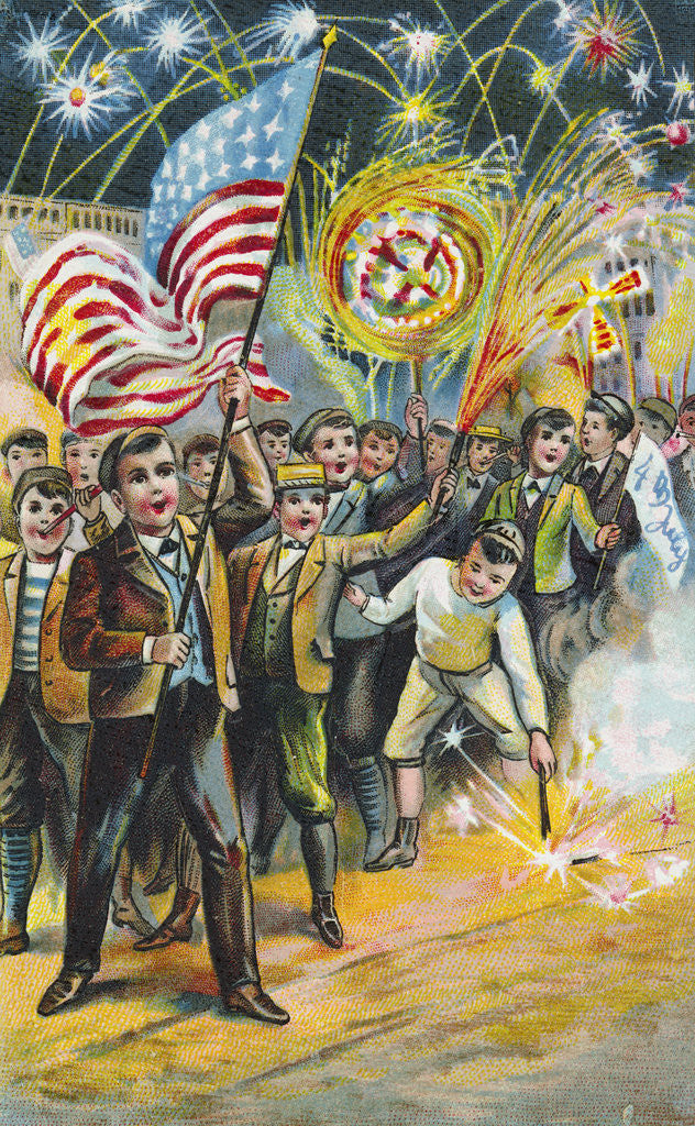 Detail of Postcard of Boys with Fireworks on 4th of July by Corbis
