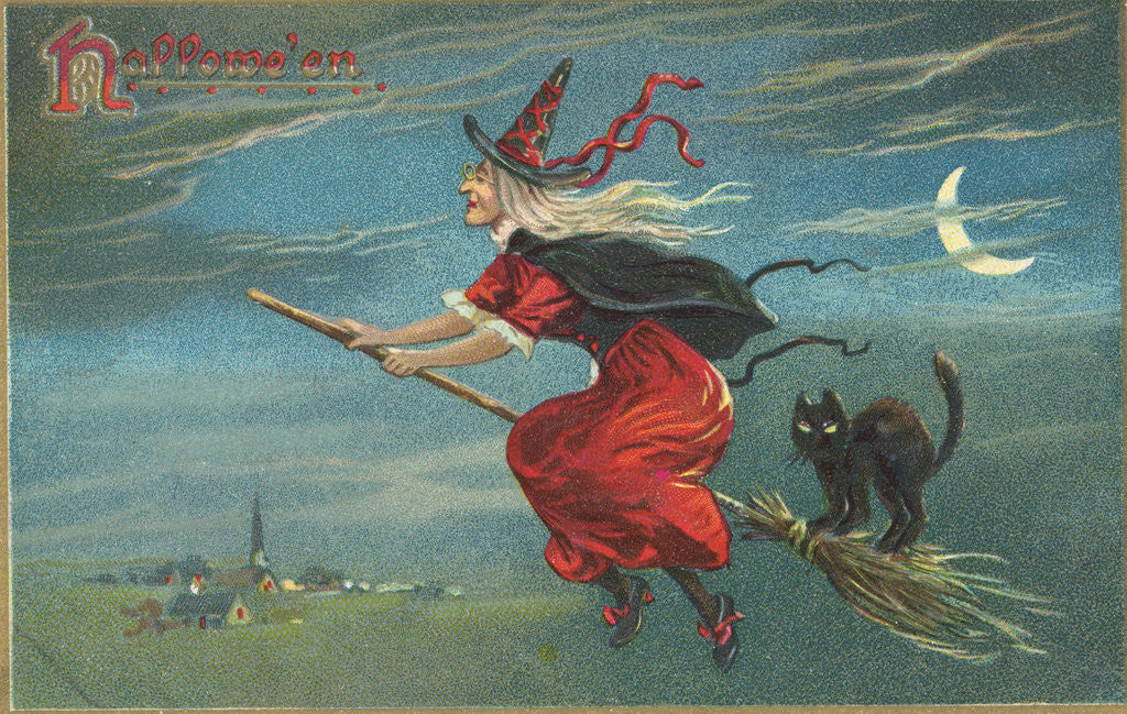 Detail of Hallowe'en Postcard with Flying Witch by Corbis