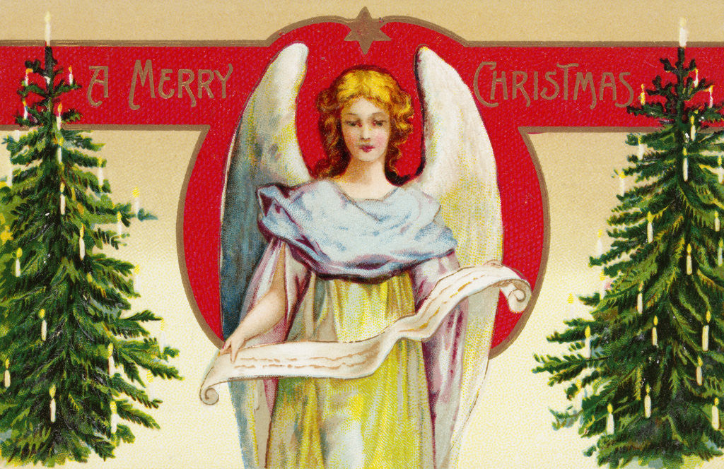 Detail of A Merry Christmas Postcard with Angel and Christmas Trees by Anonymous