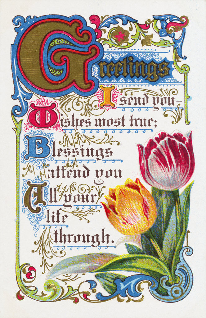 Detail of Greetings Postcard with Poem and Tulips by Anonymous