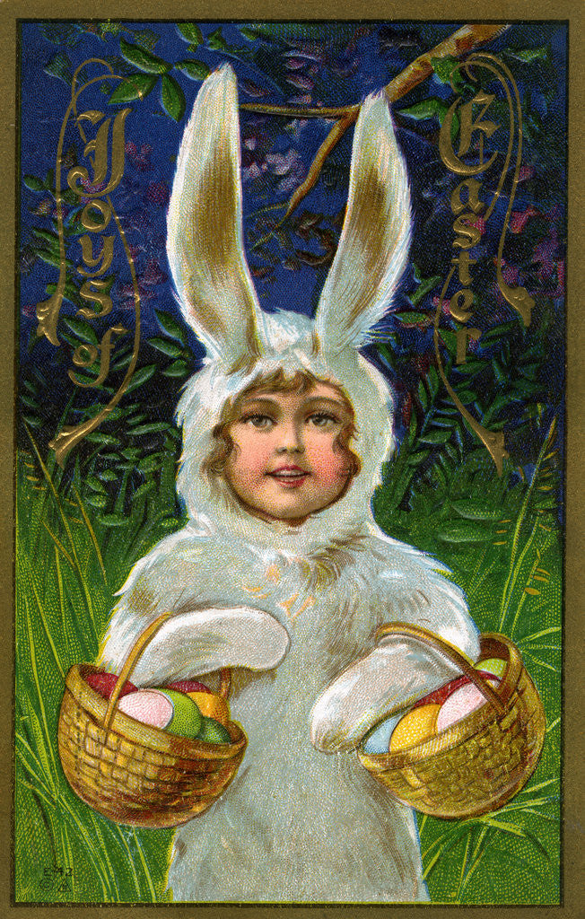 Detail of Joys of Easter Postcard with a Child in a Bunny Suit by Corbis