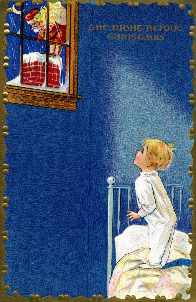 Detail of The Night Before Christmas Postcard with a Child Watching Santa by Anonymous