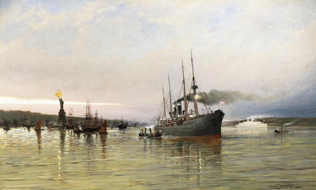 Detail of Shipping near the Statue of Liberty by Christian Cornelius Dommerson