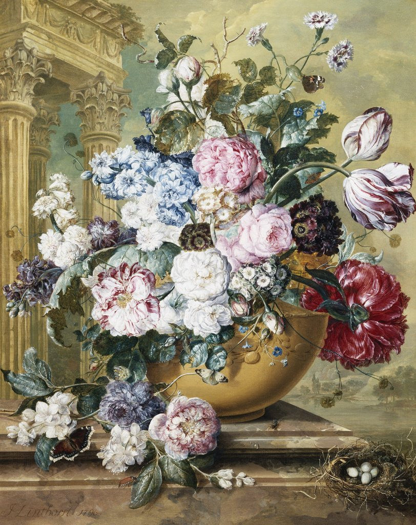 Detail of A Still Life of Roses, Delphiniums and Tulips by Jacobus Linthorst