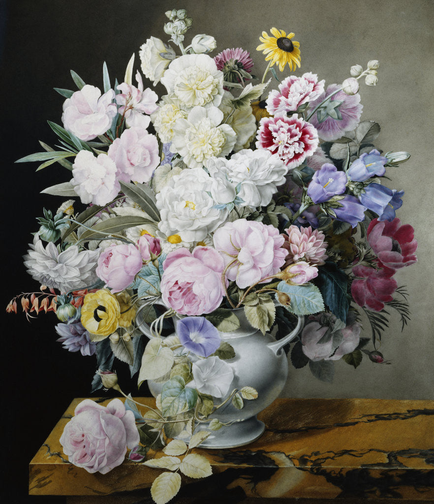 Detail of A Still Life of Flowers on a Marble Ledge by Cyane Lecoq de Boisbaudran